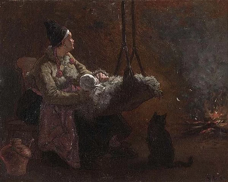Frederic Theodore Lix - Madre con bambino accanto al fuoco